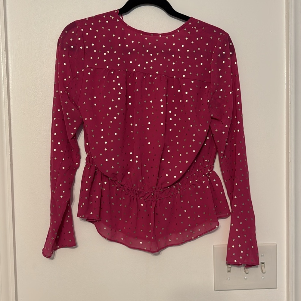 THE EAST ORDER Taylor Long Sleeve Tie Waist Bright Pink Metallic Dot Top - Picture 3 of 12